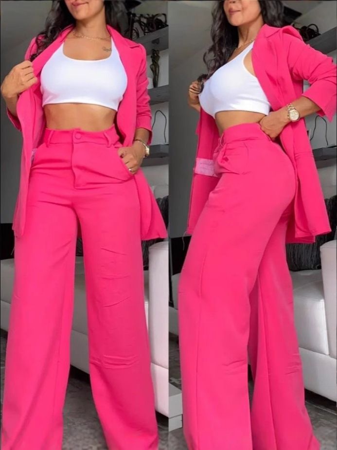 New women's two-piece fashion solid color long-sleeved suit collar coat casual straight trousers suit is suitable for daily leisure commuting office wear.