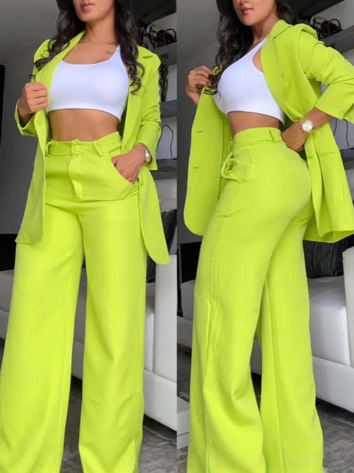 New women's two-piece fashion solid color long-sleeved suit collar coat casual straight trousers suit is suitable for daily leisure commuting office wear.