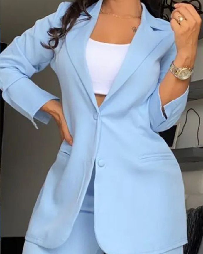 New women's two-piece fashion solid color long-sleeved suit collar coat casual straight trousers suit is suitable for daily leisure commuting office wear.