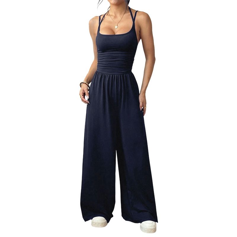 Summer new women's jumpsuit solid color sleeveless suspenders high waist wide leg pants casual jumpsuit suitable for daily leisure commuting parties.