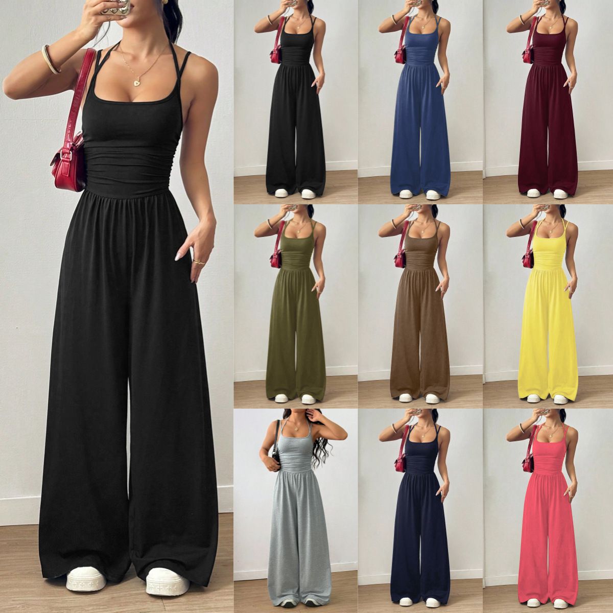 Summer new women's jumpsuit solid color sleeveless suspenders high waist wide leg pants casual jumpsuit suitable for daily leisure commuting parties.