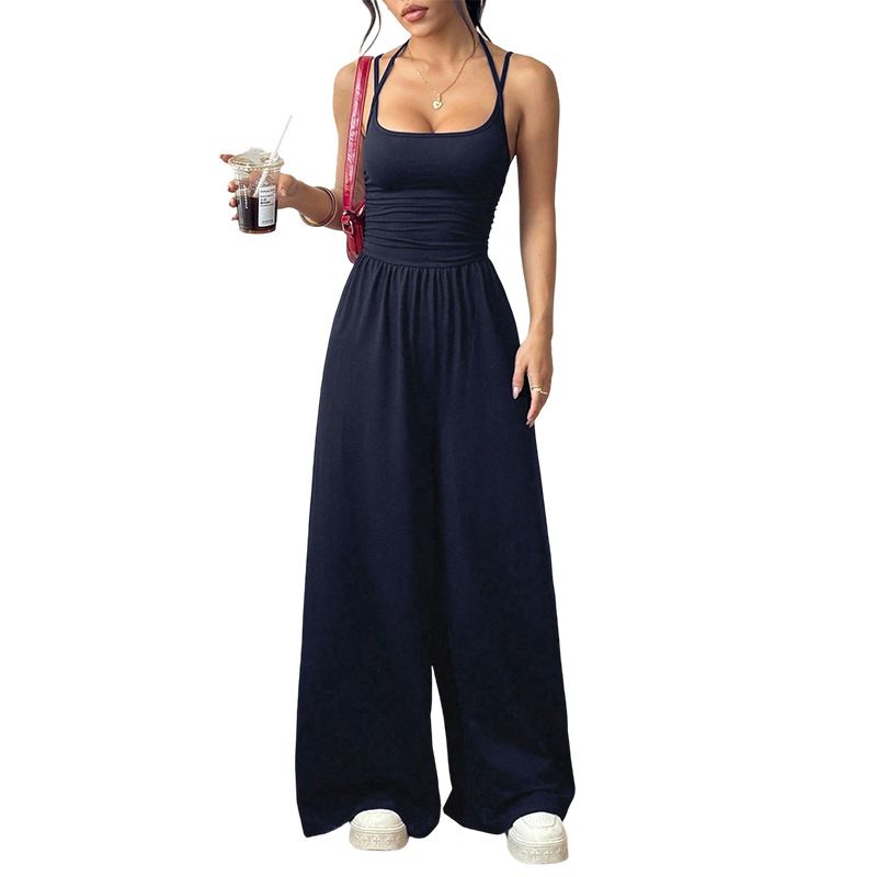 Summer new women's jumpsuit solid color sleeveless suspenders high waist wide leg pants casual jumpsuit suitable for daily leisure commuting parties.