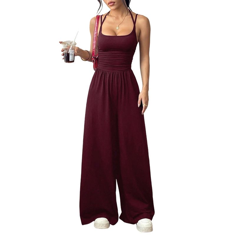 Summer new women's jumpsuit solid color sleeveless suspenders high waist wide leg pants casual jumpsuit suitable for daily leisure commuting parties.