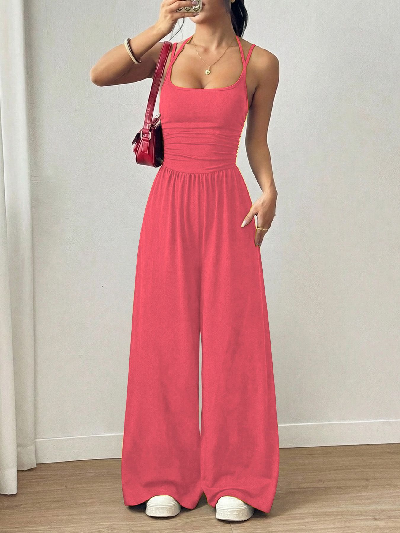 Summer new women's jumpsuit solid color sleeveless suspenders high waist wide leg pants casual jumpsuit suitable for daily leisure commuting parties.