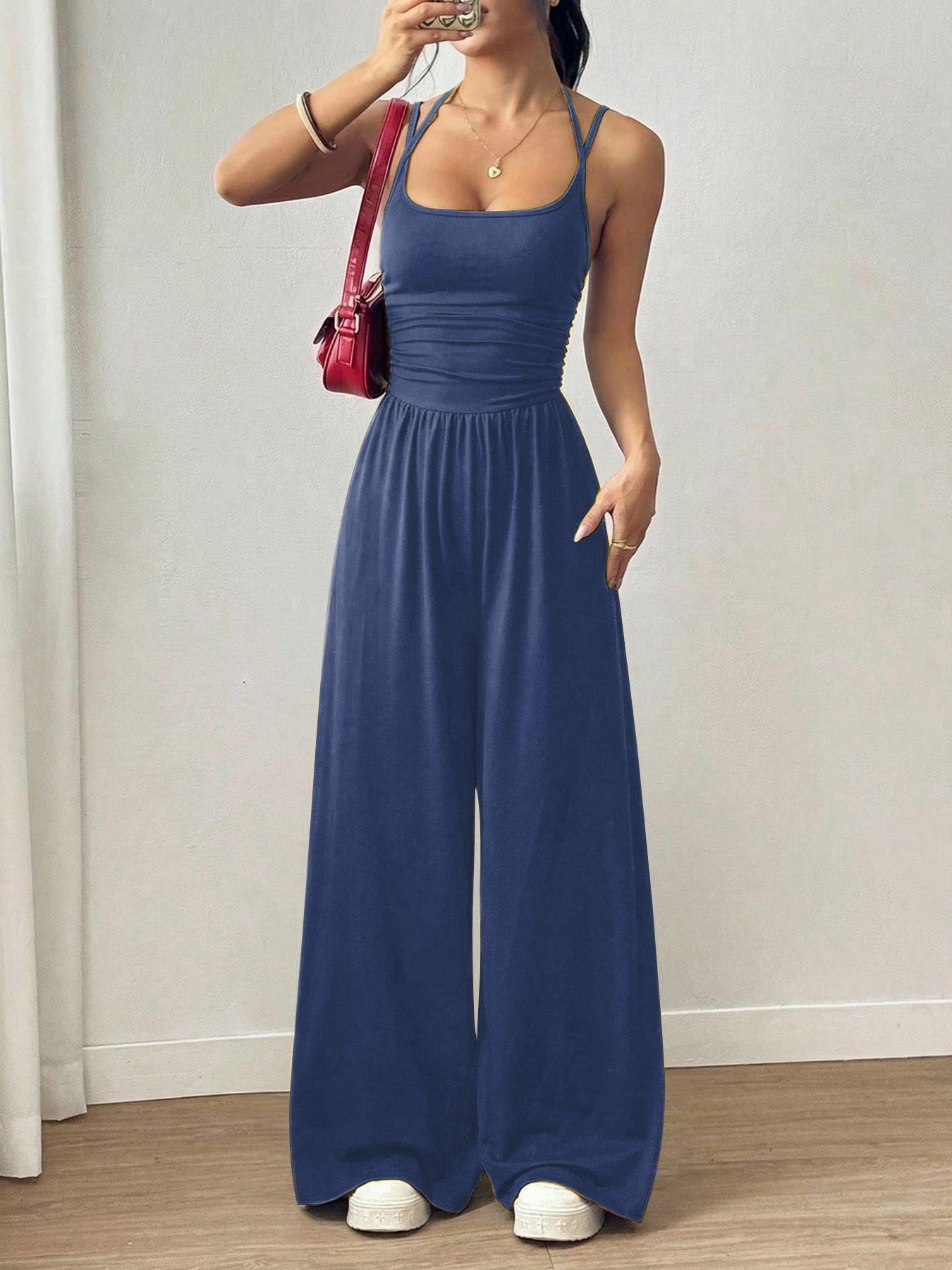 Summer new women's jumpsuit solid color sleeveless suspenders high waist wide leg pants casual jumpsuit suitable for daily leisure commuting parties.