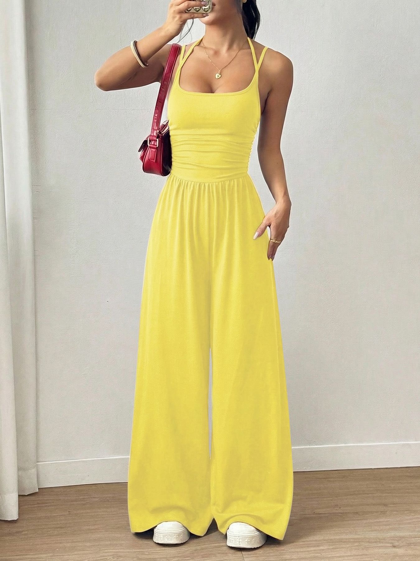 Summer new women's jumpsuit solid color sleeveless suspenders high waist wide leg pants casual jumpsuit suitable for daily leisure commuting parties.
