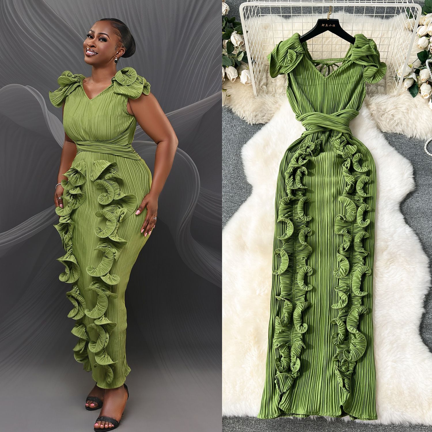 Summer new women's dress sleeveless V-neck banquet high-grade dress high-end luxury pleated three-dimensional ruffled slim long dress suitable for daily leisure party dinner.