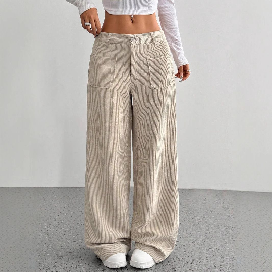 New women's trousers solid color pocket loose straight wide-leg trousers ladies' casual trousers are suitable for daily leisure and commuting.