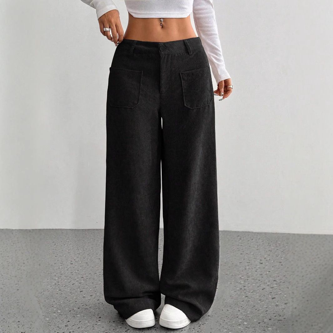 New women's trousers solid color pocket loose straight wide-leg trousers ladies' casual trousers are suitable for daily leisure and commuting.