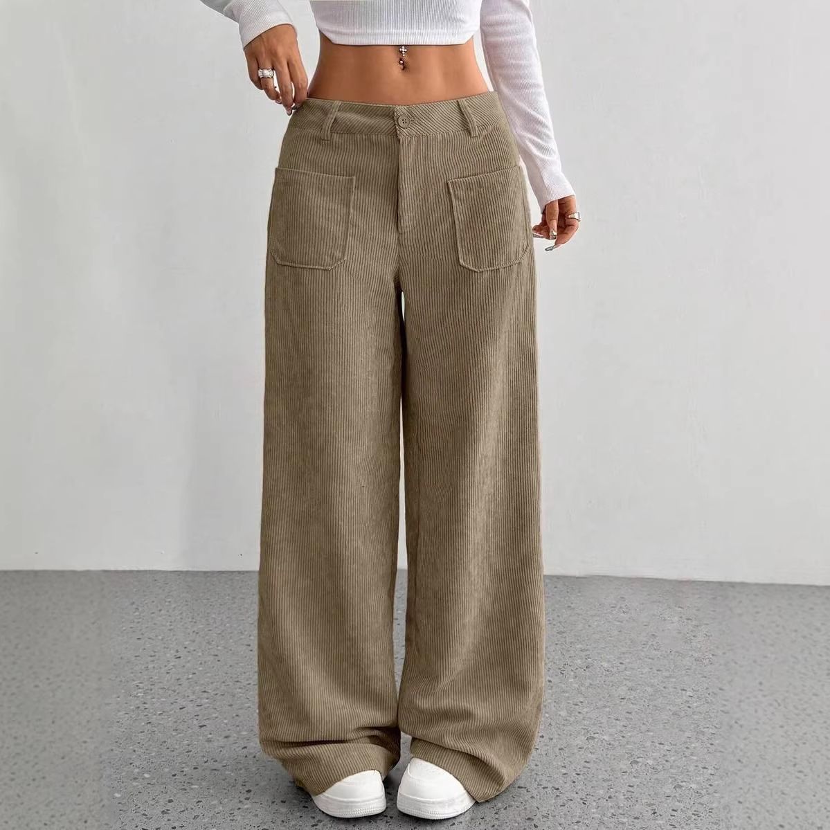 New women's trousers solid color pocket loose straight wide-leg trousers ladies' casual trousers are suitable for daily leisure and commuting.