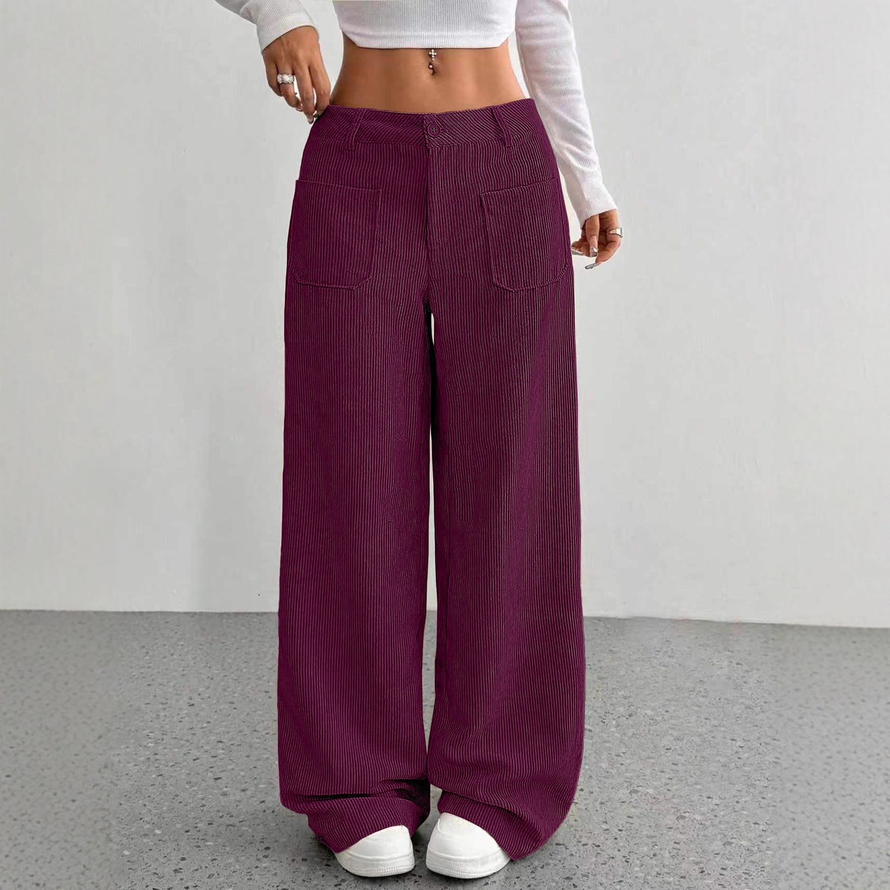 New women's trousers solid color pocket loose straight wide-leg trousers ladies' casual trousers are suitable for daily leisure and commuting.