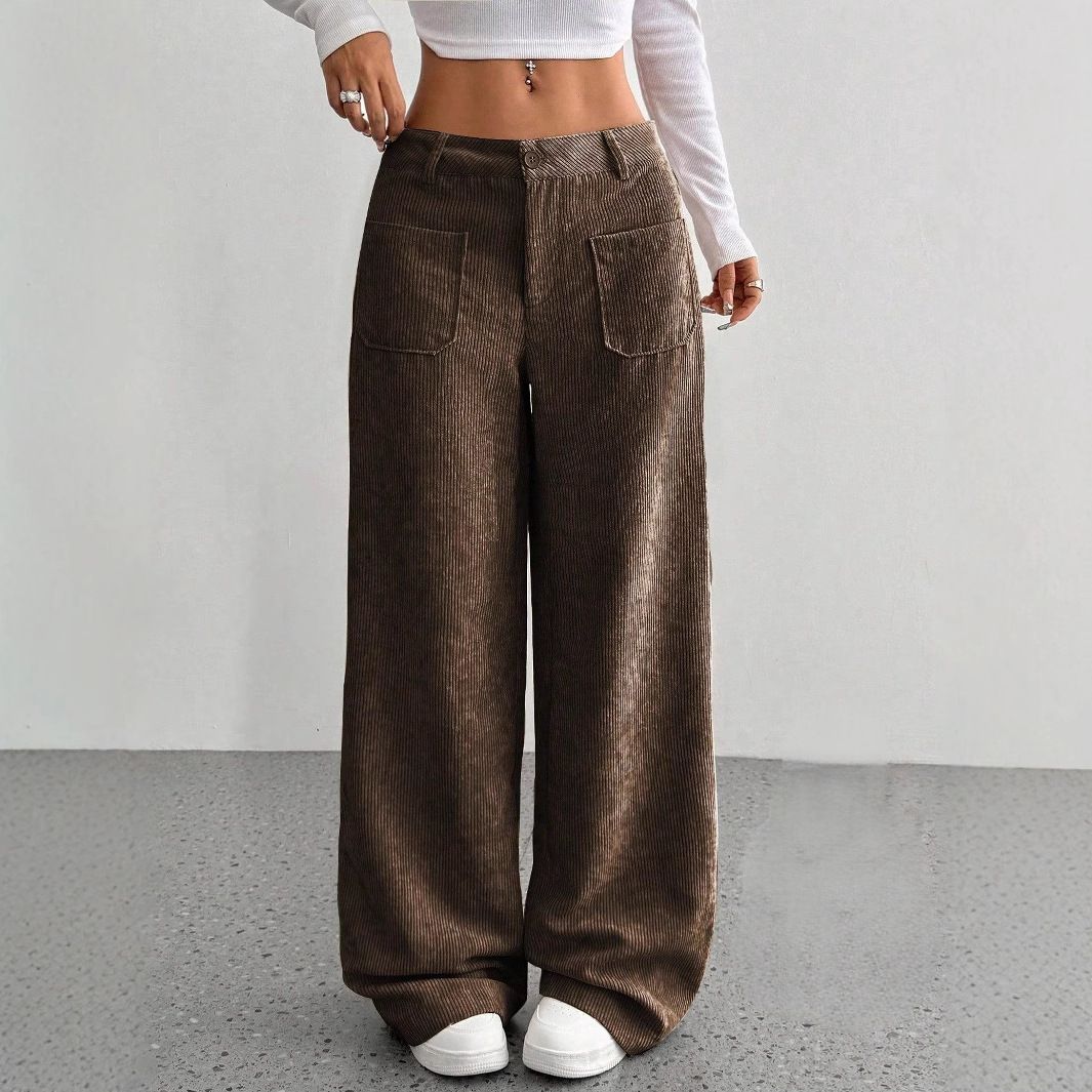 New women's trousers solid color pocket loose straight wide-leg trousers ladies' casual trousers are suitable for daily leisure and commuting.