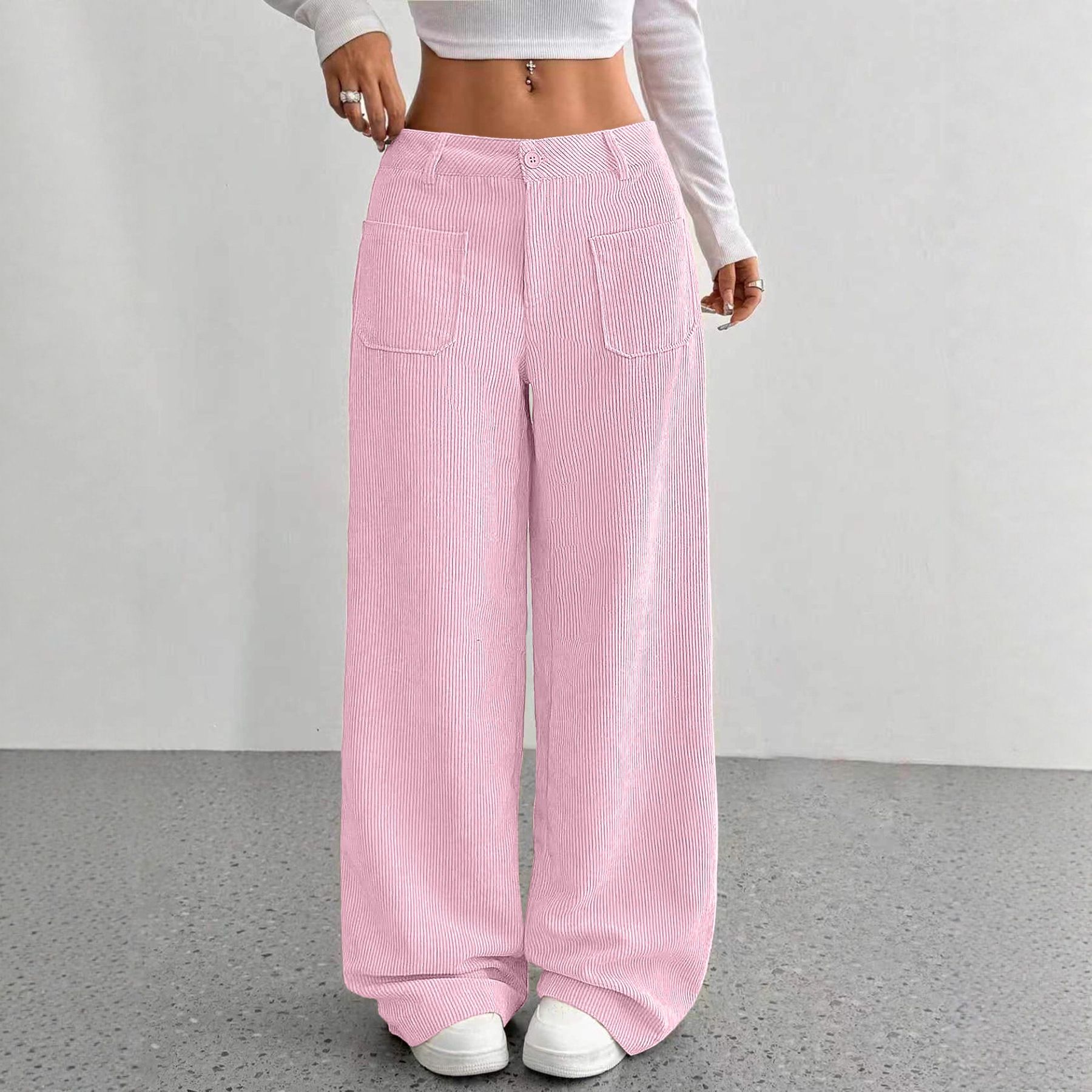 New women's trousers solid color pocket loose straight wide-leg trousers ladies' casual trousers are suitable for daily leisure and commuting.