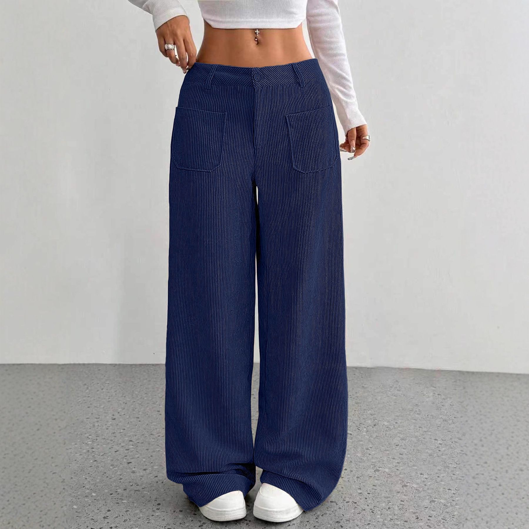 New women's trousers solid color pocket loose straight wide-leg trousers ladies' casual trousers are suitable for daily leisure and commuting.