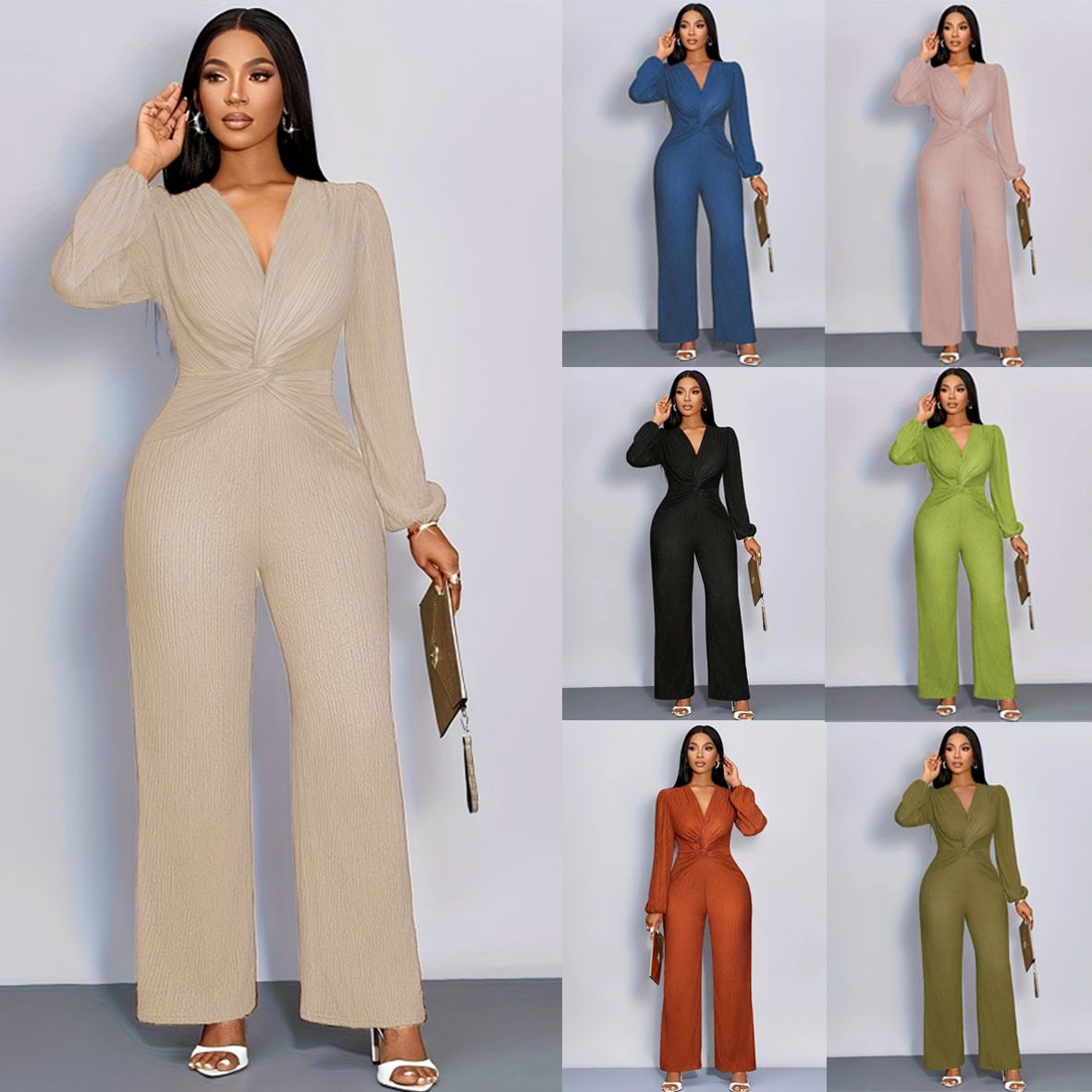 Autumn new women's jumpsuit fashion temperament solid color long sleeve V-neck high waist wide leg pants casual jumpsuit is suitable for daily leisure commuting parties.