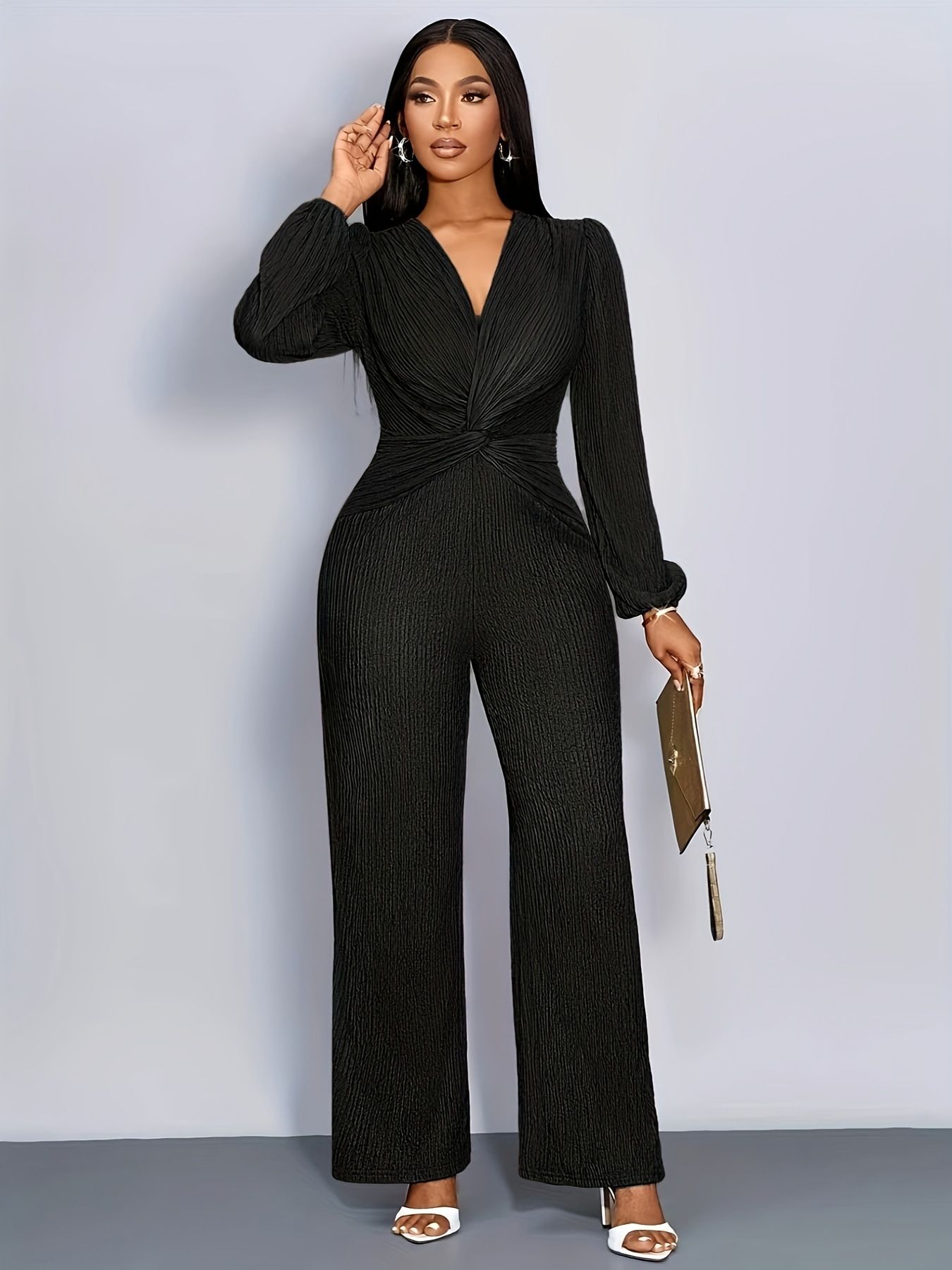 Autumn new women's jumpsuit fashion temperament solid color long sleeve V-neck high waist wide leg pants casual jumpsuit is suitable for daily leisure commuting parties.