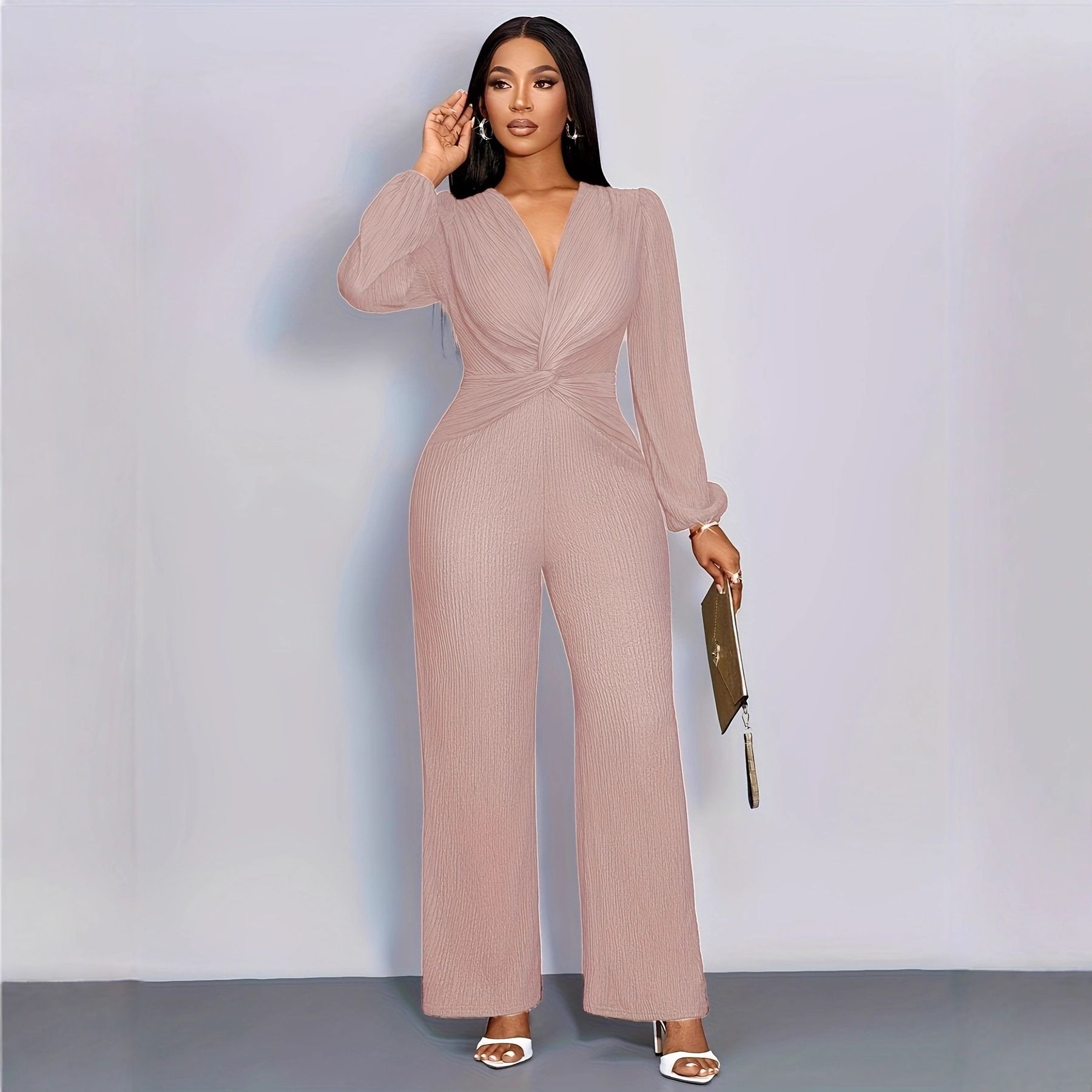 Autumn new women's jumpsuit fashion temperament solid color long sleeve V-neck high waist wide leg pants casual jumpsuit is suitable for daily leisure commuting parties.