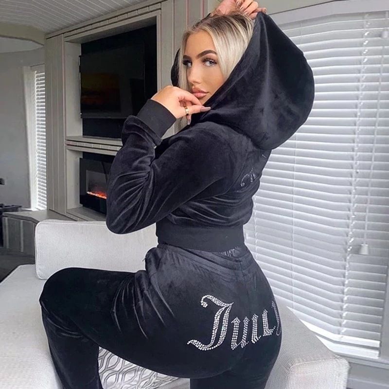 New women's two-piece fashion rhinestone gold velvet hooded zipper coat loose trousers sports casual suit is suitable for daily leisure commuting outdoor sports wear.