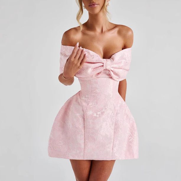 Summer new women's dress solid color jacquard sleeveless tube top strap bow waist A short dress is suitable for daily leisure commuting party dress.