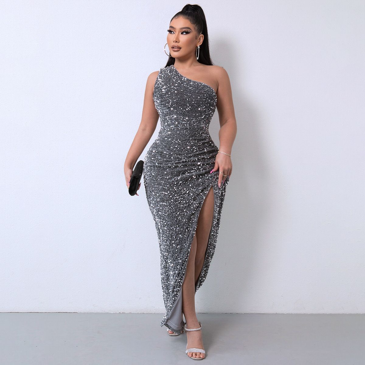 Summer new women's dress solid color sequined flannel sleeveless one-shoulder slim split long dress is suitable for daily leisure commuting party dinner dress.