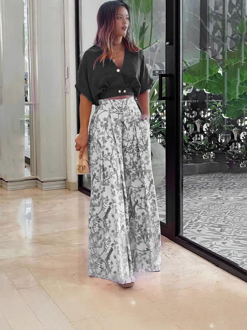 Summer new women's two-piece suit with solid color printing short-sleeved V-neck shirt jacket and casual wide-leg trousers suit is suitable for daily leisure commuting.