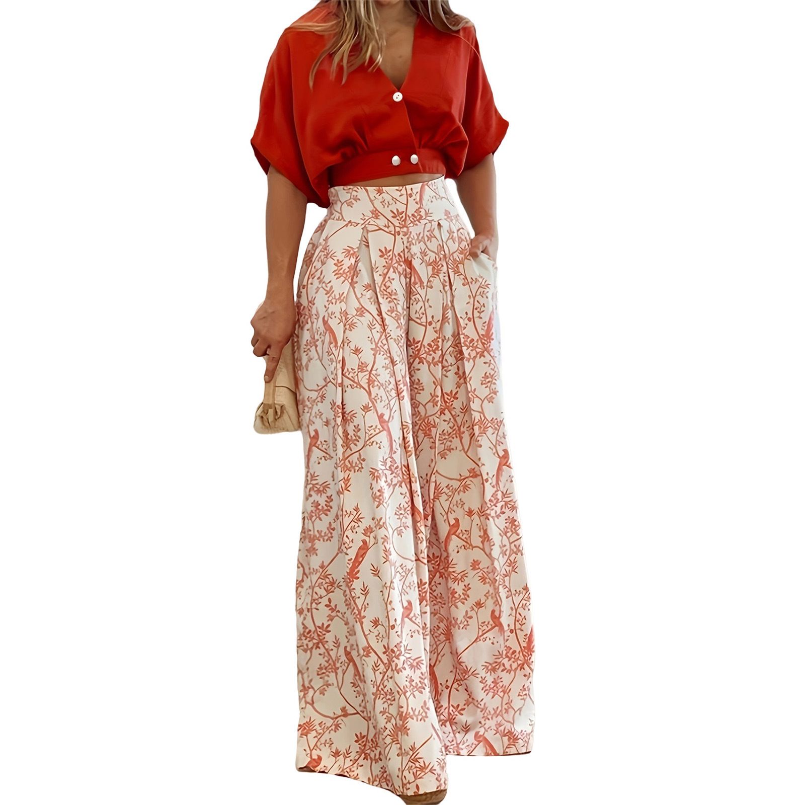 Summer new women's two-piece suit with solid color printing short-sleeved V-neck shirt jacket and casual wide-leg trousers suit is suitable for daily leisure commuting.