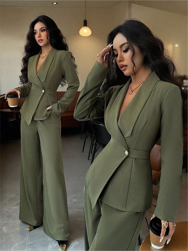 New women's two-piece solid color long-sleeved V-neck single-button suit jacket straight wide-leg trousers suit is suitable for daily leisure commuting office wear.