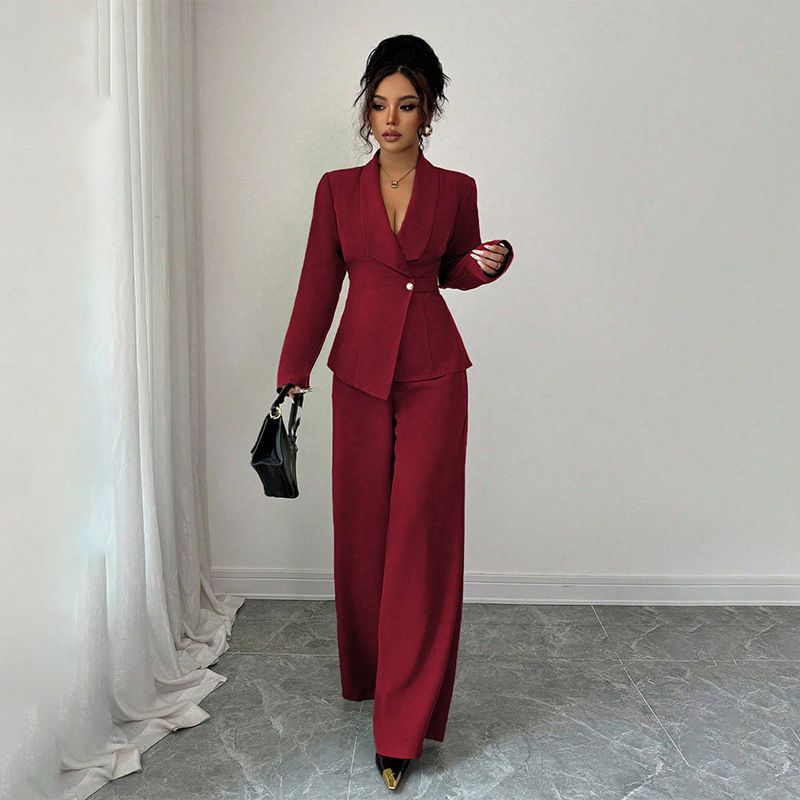 New women's two-piece solid color long-sleeved V-neck single-button suit jacket straight wide-leg trousers suit is suitable for daily leisure commuting office wear.