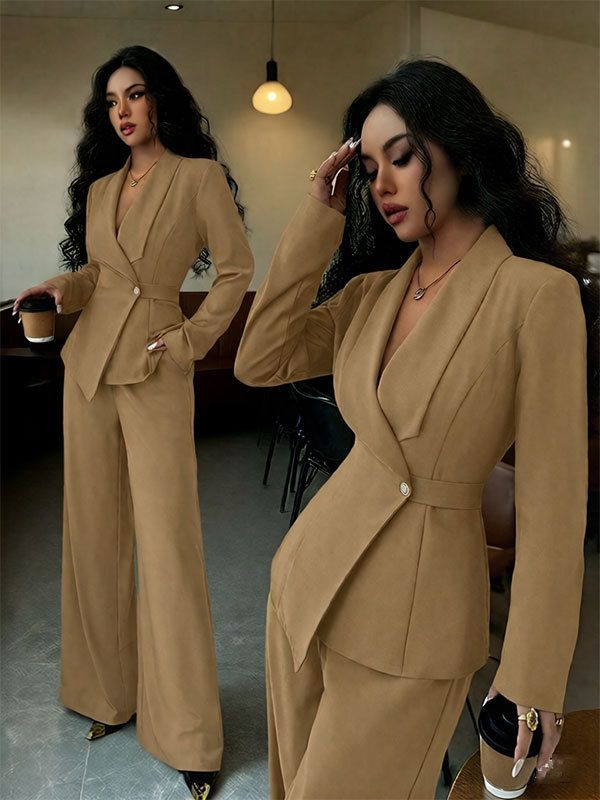 New women's two-piece solid color long-sleeved V-neck single-button suit jacket straight wide-leg trousers suit is suitable for daily leisure commuting office wear.