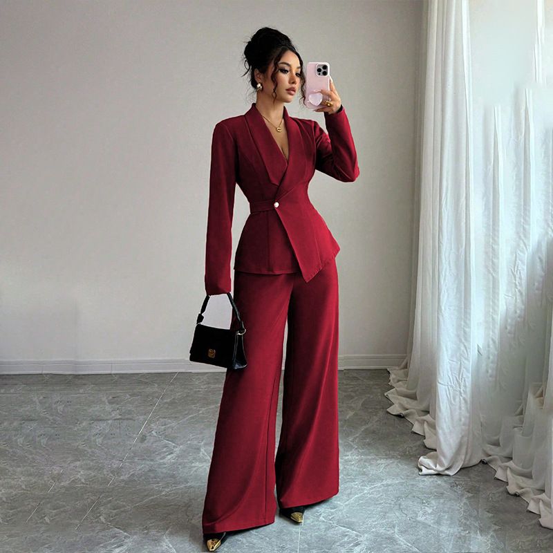 New women's two-piece solid color long-sleeved V-neck single-button suit jacket straight wide-leg trousers suit is suitable for daily leisure commuting office wear.