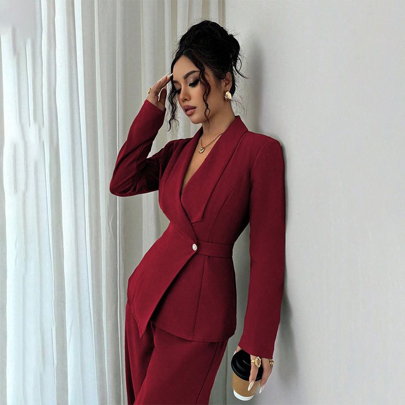New women's two-piece solid color long-sleeved V-neck single-button suit jacket straight wide-leg trousers suit is suitable for daily leisure commuting office wear.
