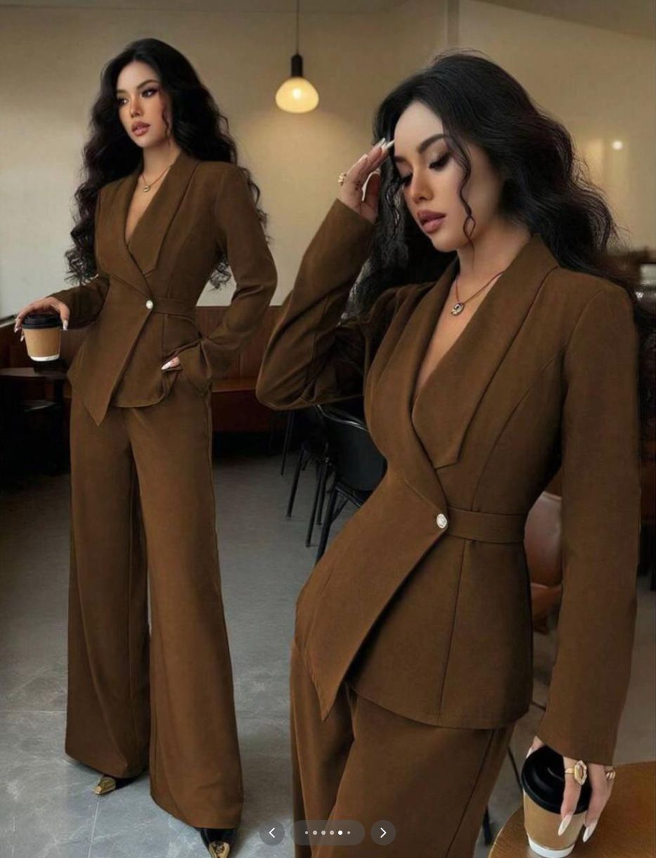 New women's two-piece solid color long-sleeved V-neck single-button suit jacket straight wide-leg trousers suit is suitable for daily leisure commuting office wear.