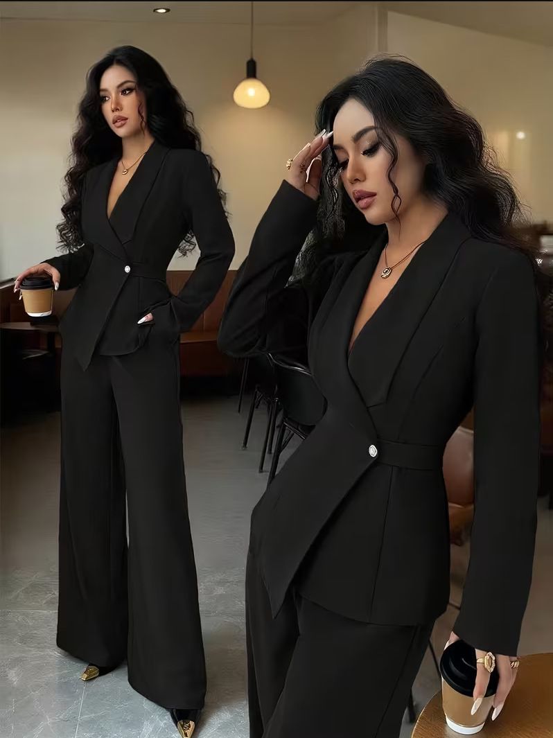 New women's two-piece solid color long-sleeved V-neck single-button suit jacket straight wide-leg trousers suit is suitable for daily leisure commuting office wear.