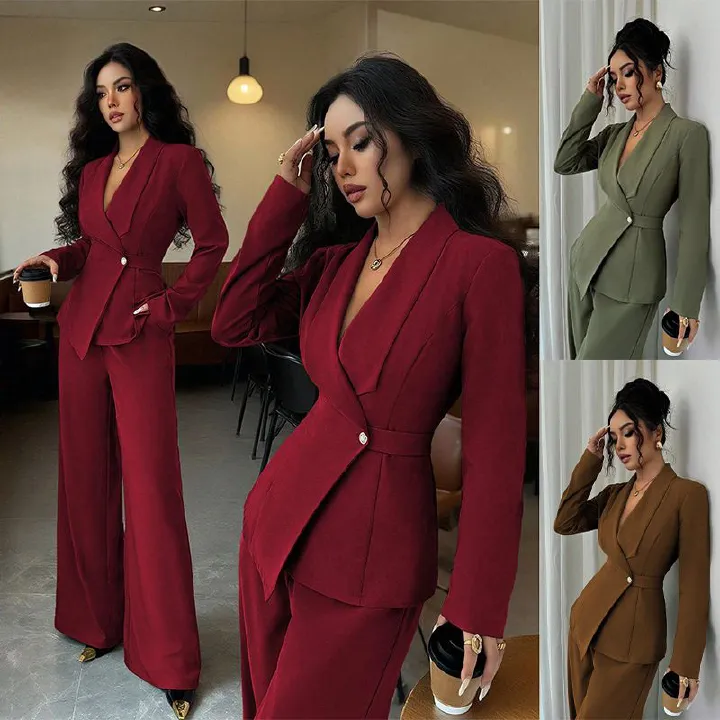 New women's two-piece solid color long-sleeved V-neck single-button suit jacket straight wide-leg trousers suit is suitable for daily leisure commuting office wear.