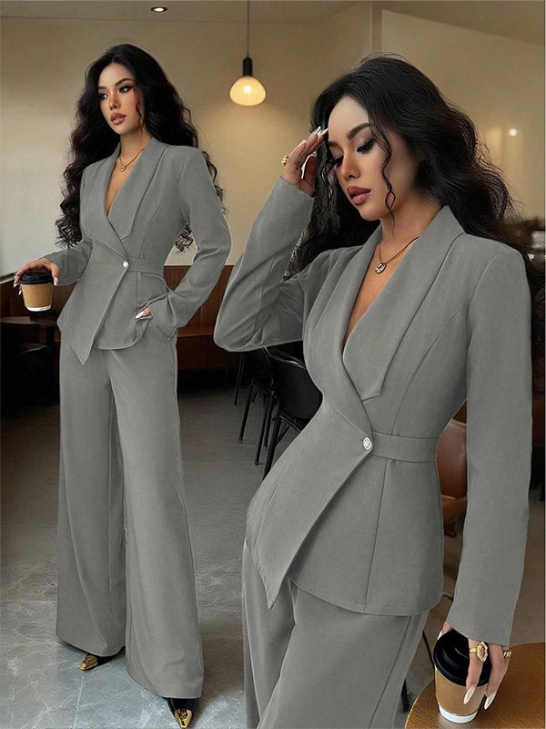 New women's two-piece solid color long-sleeved V-neck single-button suit jacket straight wide-leg trousers suit is suitable for daily leisure commuting office wear.