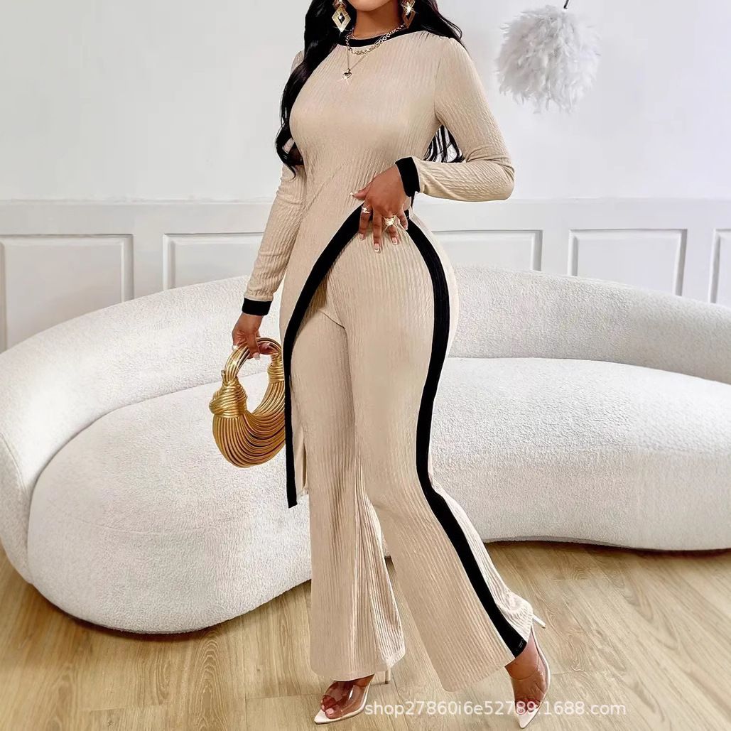 New women's two-piece fashion color matching long-sleeved round neck tight-fitting slim straight trousers suit is suitable for daily leisure commuting.