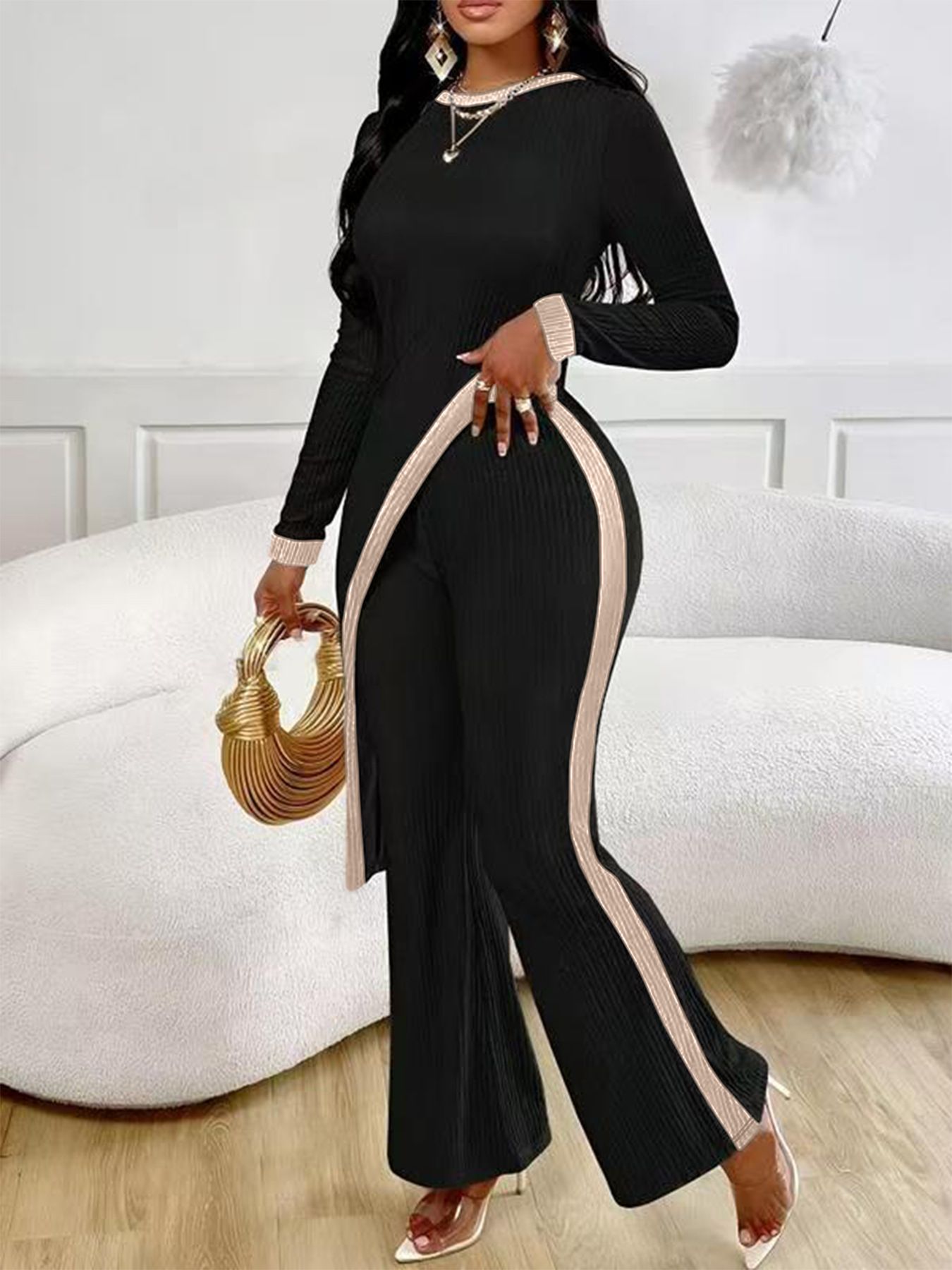 New women's two-piece fashion color matching long-sleeved round neck tight-fitting slim straight trousers suit is suitable for daily leisure commuting.
