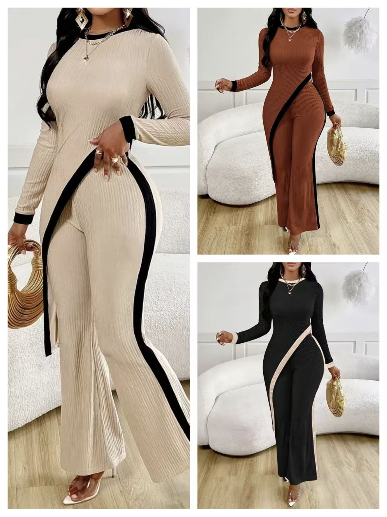 New women's two-piece fashion color matching long-sleeved round neck tight-fitting slim straight trousers suit is suitable for daily leisure commuting.