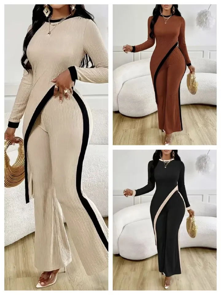 New women's two-piece fashion color matching long-sleeved round neck tight-fitting slim straight trousers suit is suitable for daily leisure commuting.