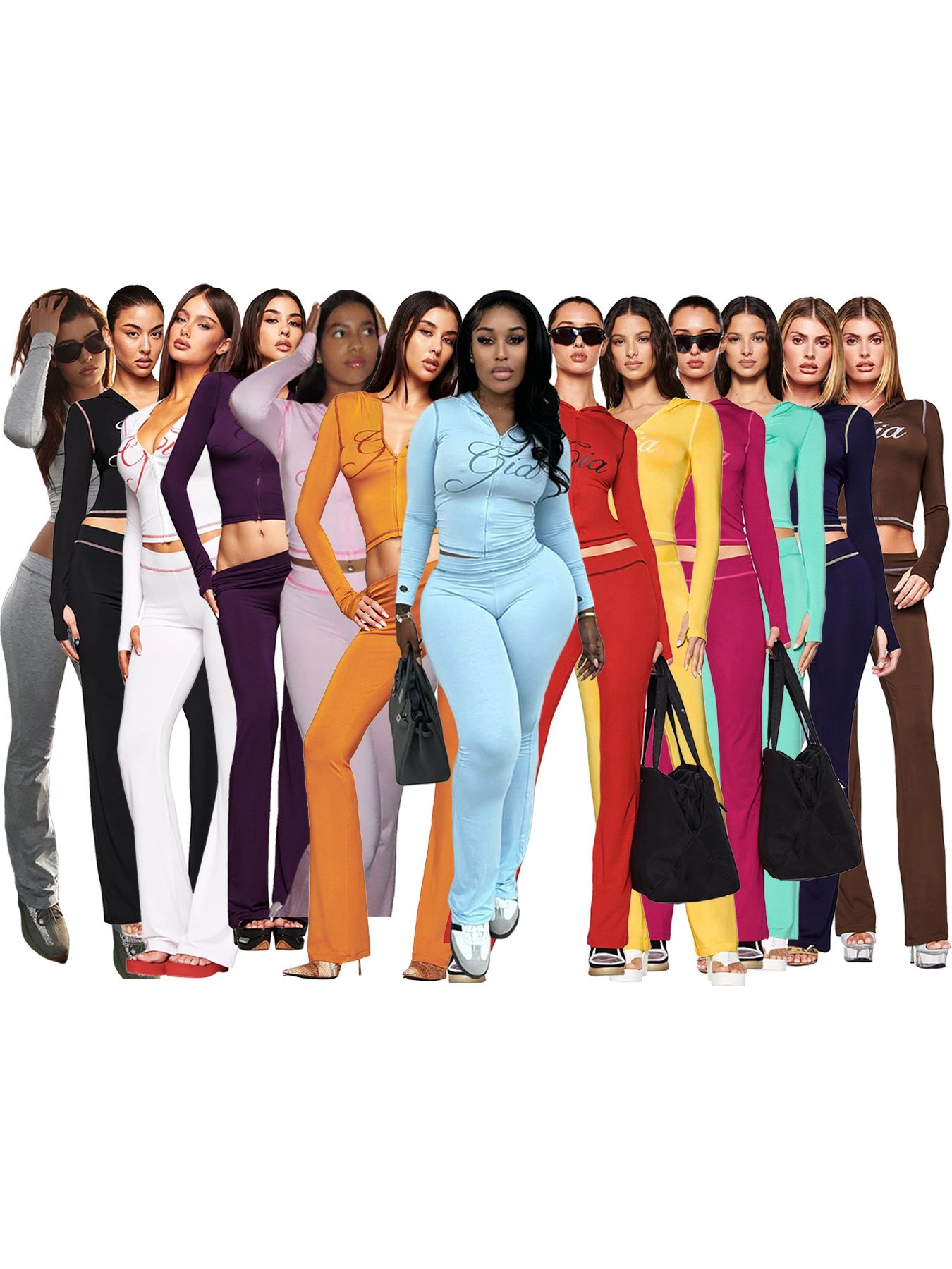 New women's two-piece fashion solid color printing long sleeve hooded zipper slim short coat micro-trousers suit is suitable for daily leisure and commuting sports.