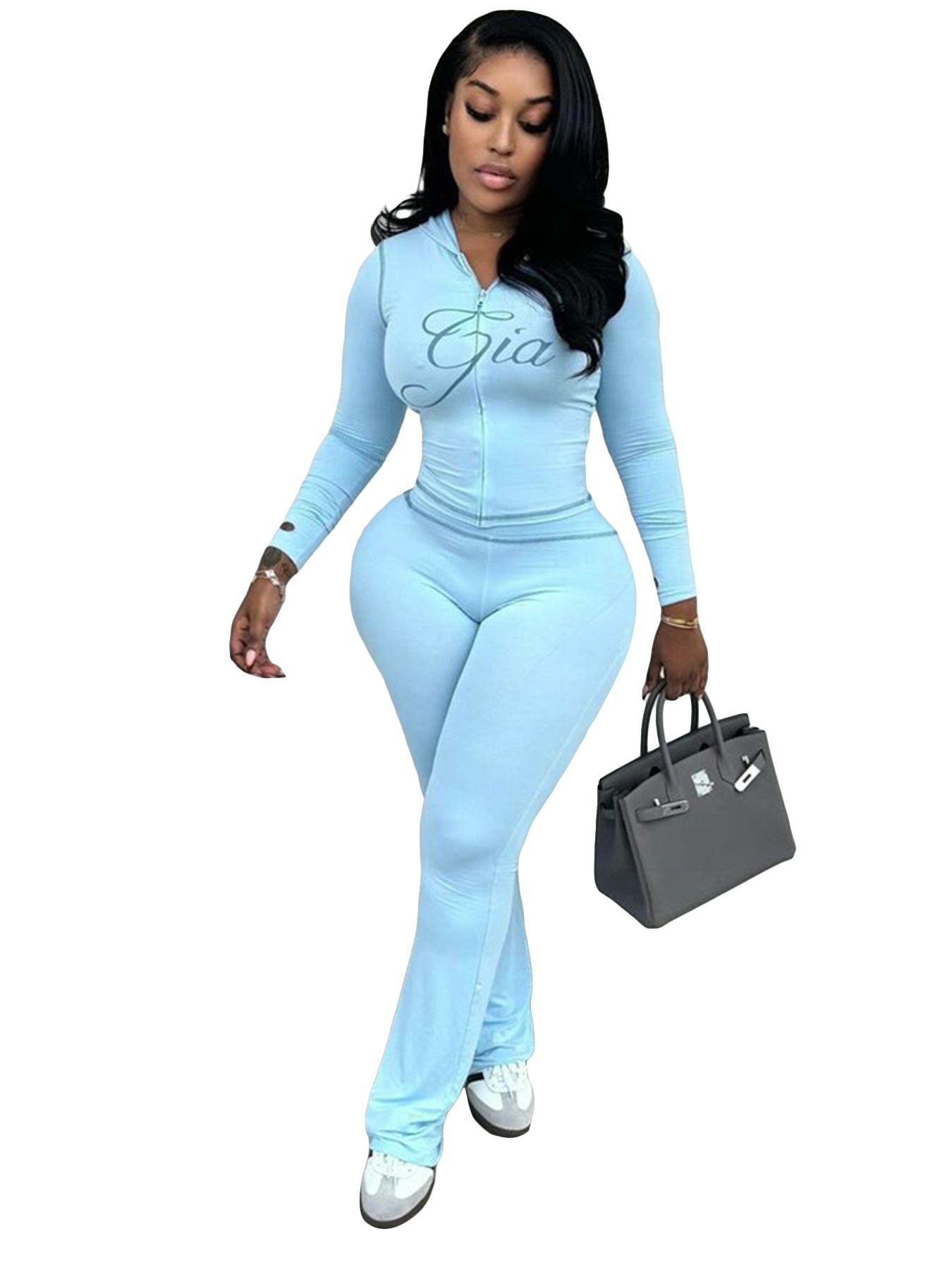 New women's two-piece fashion solid color printing long sleeve hooded zipper slim short coat micro-trousers suit is suitable for daily leisure and commuting sports.
