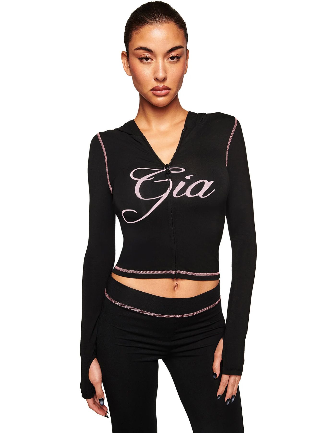 New women's two-piece fashion solid color printing long sleeve hooded zipper slim short coat micro-trousers suit is suitable for daily leisure and commuting sports.