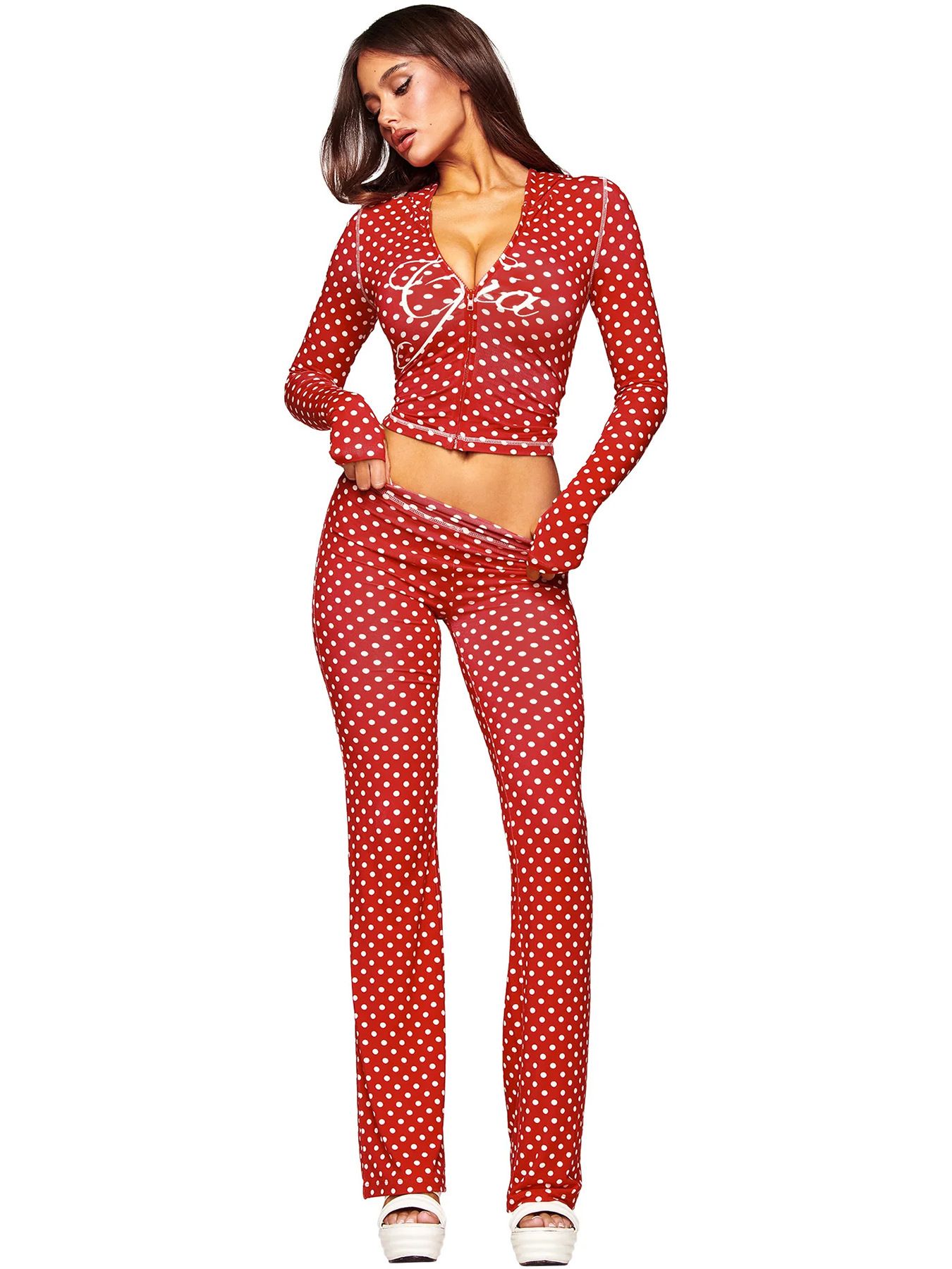 New women's two-piece fashion solid color printing long sleeve hooded zipper slim short coat micro-trousers suit is suitable for daily leisure and commuting sports.