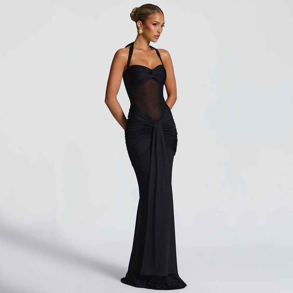 Summer new women's dress fashion solid color sleeveless hanging neck gauze splicing ribbon slim long dress suitable for daily leisure commuting party dinner dress.