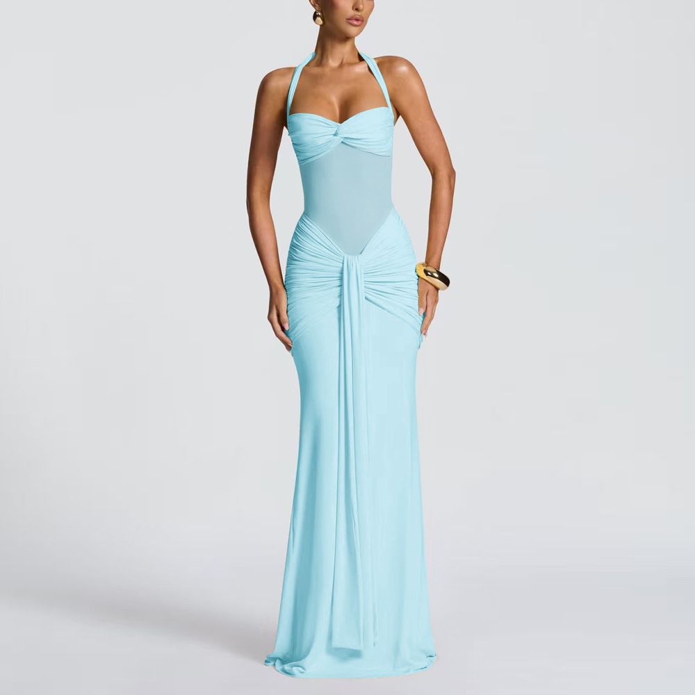 Summer new women's dress fashion solid color sleeveless hanging neck gauze splicing ribbon slim long dress suitable for daily leisure commuting party dinner dress.