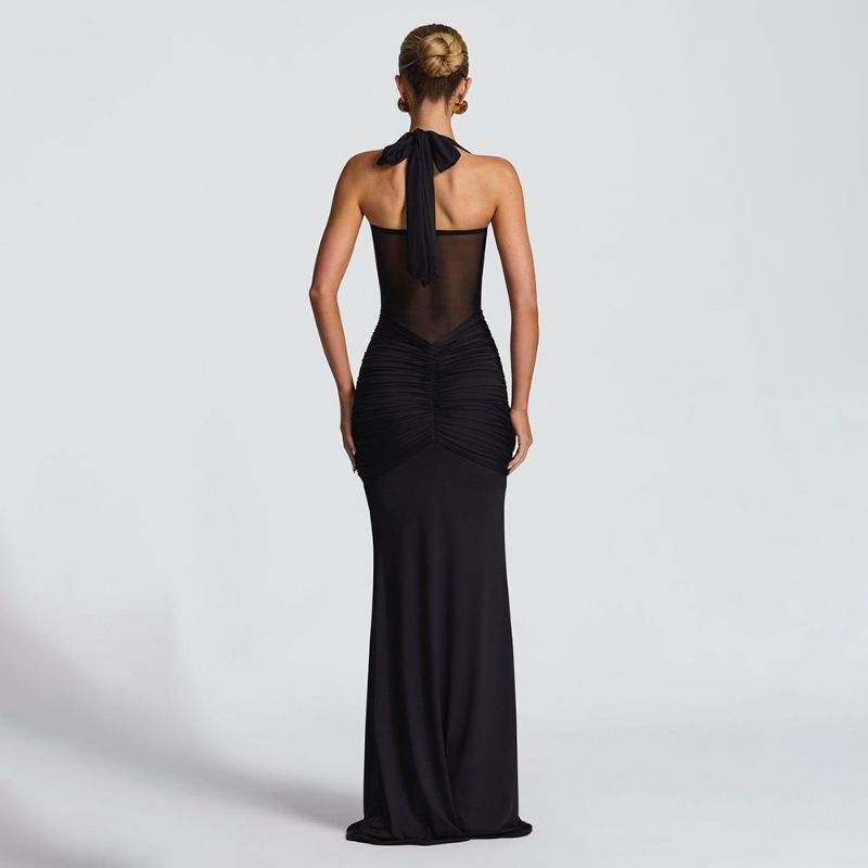 Summer new women's dress fashion solid color sleeveless hanging neck gauze splicing ribbon slim long dress suitable for daily leisure commuting party dinner dress.