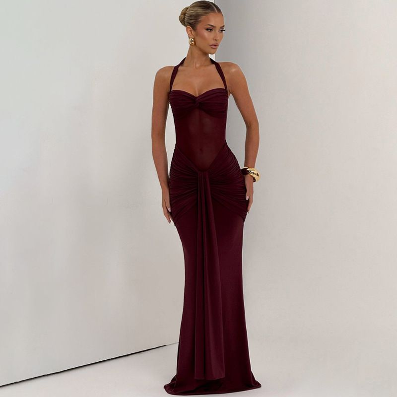 Summer new women's dress fashion solid color sleeveless hanging neck gauze splicing ribbon slim long dress suitable for daily leisure commuting party dinner dress.