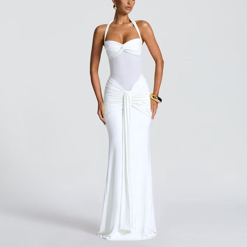 Summer new women's dress fashion solid color sleeveless hanging neck gauze splicing ribbon slim long dress suitable for daily leisure commuting party dinner dress.