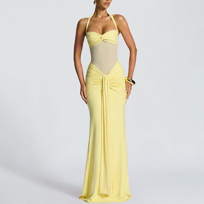 Summer new women's dress fashion solid color sleeveless hanging neck gauze splicing ribbon slim long dress suitable for daily leisure commuting party dinner dress.