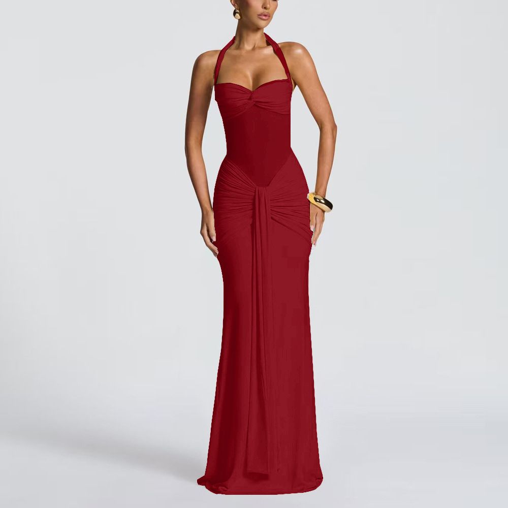 Summer new women's dress fashion solid color sleeveless hanging neck gauze splicing ribbon slim long dress suitable for daily leisure commuting party dinner dress.